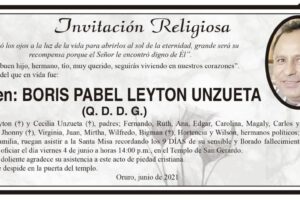 Invitación Religiosa para Boris Pabel Leyton Unzueta