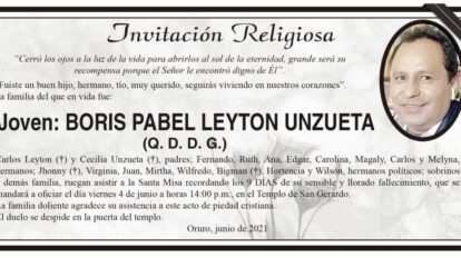 Invitación Religiosa para Boris Pabel Leyton Unzueta
