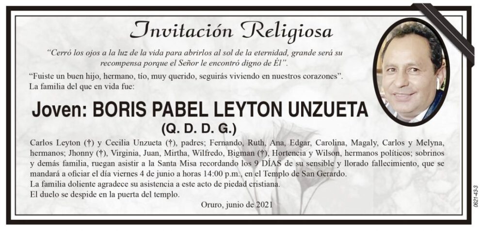 Invitación Religiosa para Boris Pabel Leyton Unzueta
