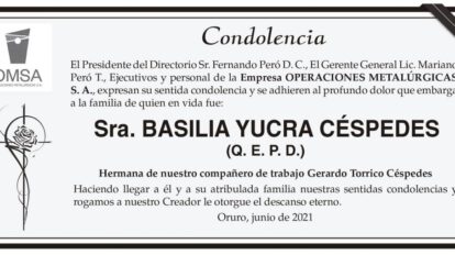 Condolencia por Basilia Yucra Céspedes