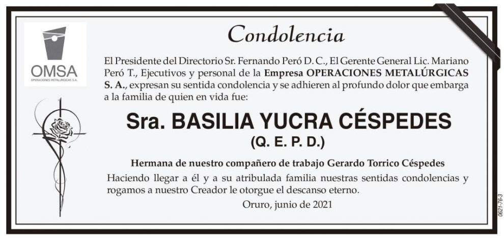 Condolencia por Basilia Yucra Céspedes