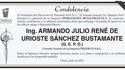 Condolencia por Armando Julio René de Urioste Sánchez Bustamante