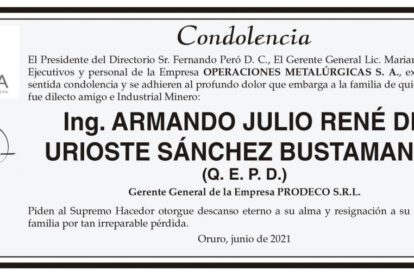 Condolencia por Armando Julio René de Urioste Sánchez Bustamante