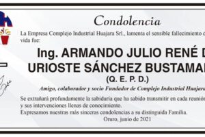 Condolencia por el fallecimiento del Ing. Armando Julio René de Urioste Sánchez Bustamante