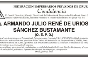 Condolencia por el fallecimiento de Armando Julio René de Urioste Sánchez Bustamante