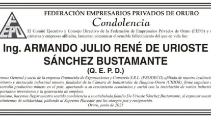 Condolencia por el fallecimiento de Armando Julio René de Urioste Sánchez Bustamante