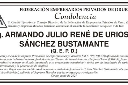 Condolencia por el fallecimiento de Armando Julio René de Urioste Sánchez Bustamante