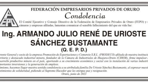 Condolencia por el fallecimiento de Armando Julio René de Urioste Sánchez Bustamante