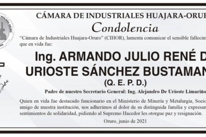 Condolencia por el fallecimiento del Ing. Armando Julio René De Urioste Sánchez Bustamante