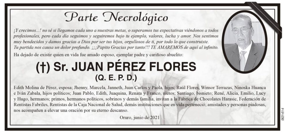 Parte Necrológico de Juan Pérez Flores