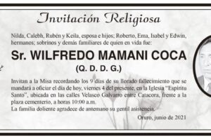 Invitación Religiosa: Sr. Wilfredo Mamani Coca