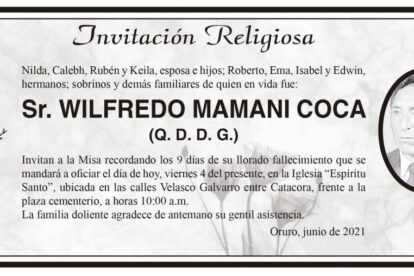 Invitación Religiosa: Sr. Wilfredo Mamani Coca