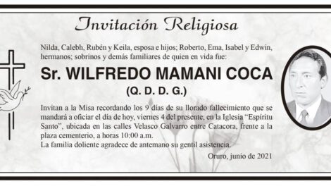 Invitación Religiosa: Sr. Wilfredo Mamani Coca