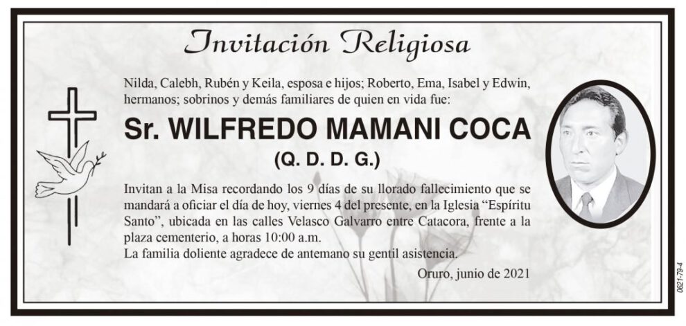 Invitación Religiosa: Sr. Wilfredo Mamani Coca