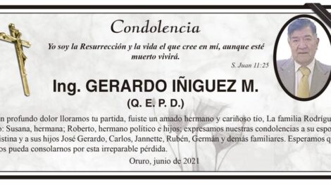 Condolencia por la partida del Ing. Gerardo Iñiguez M.