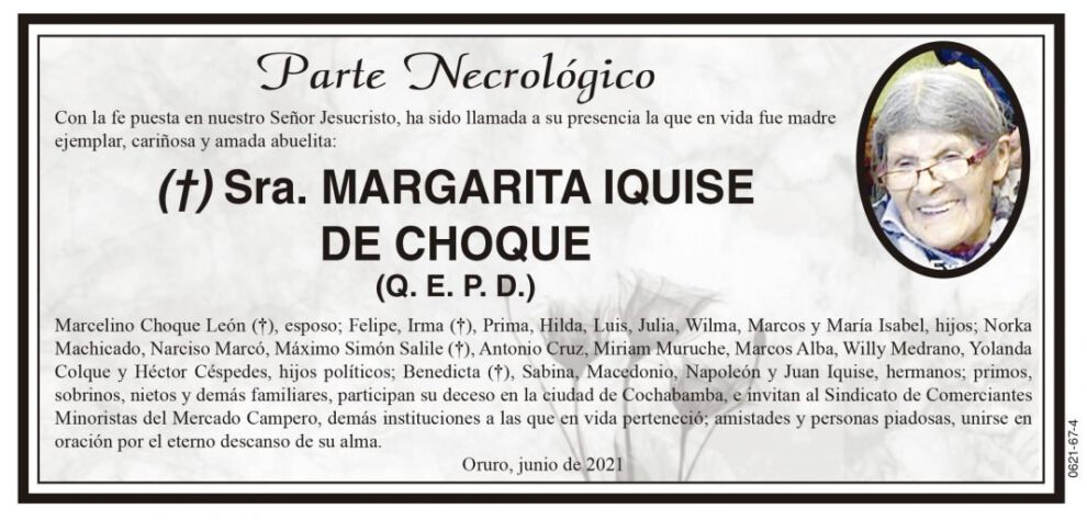 Parte Necrológico de Margarita Iquise de Choque