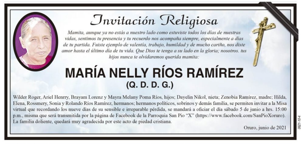 Invitación Religiosa para María Nelly Ríos Ramírez