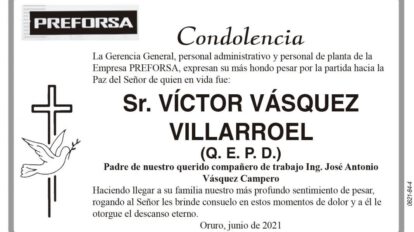 Condolencia por la partida de Víctor Vásquez Villarroel