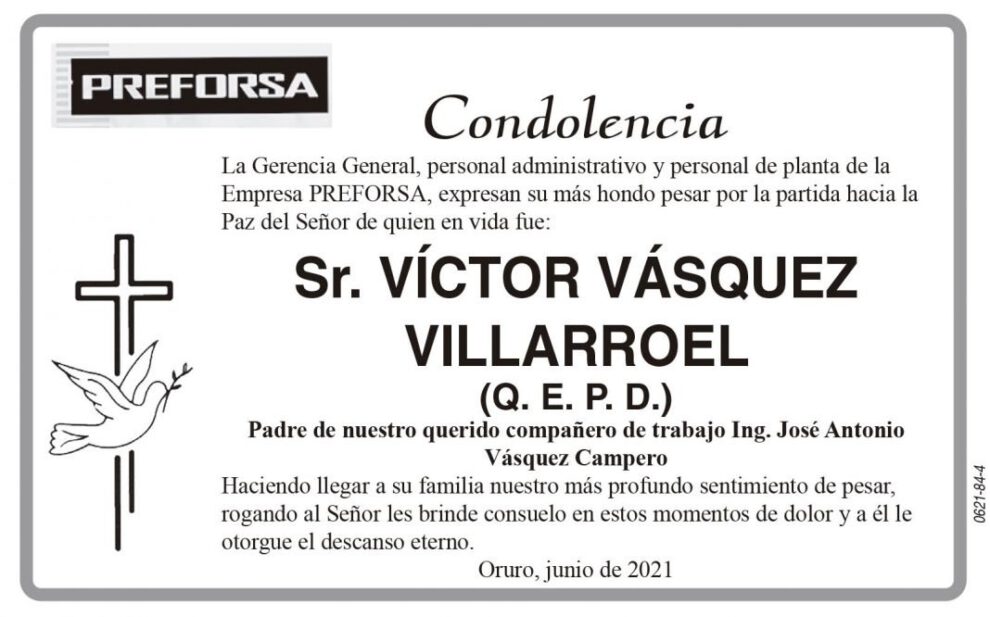 Condolencia por la partida de Víctor Vásquez Villarroel