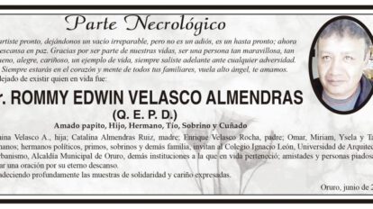 Parte Necrológico de Rommy Edwin Velasco Almendras