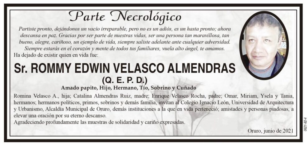 Parte Necrológico de Rommy Edwin Velasco Almendras