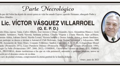 Parte Necrológico de Lic. Víctor Vásquez Villarroel
