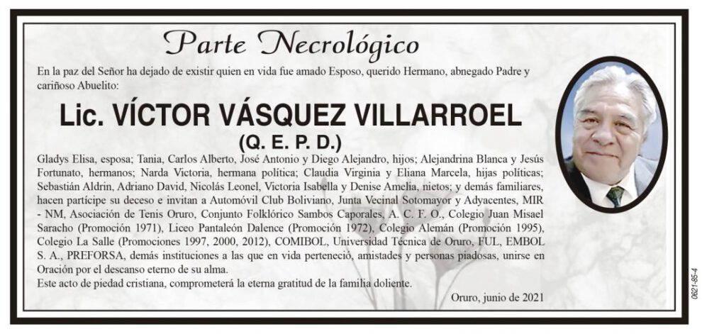 Parte Necrológico de Lic. Víctor Vásquez Villarroel