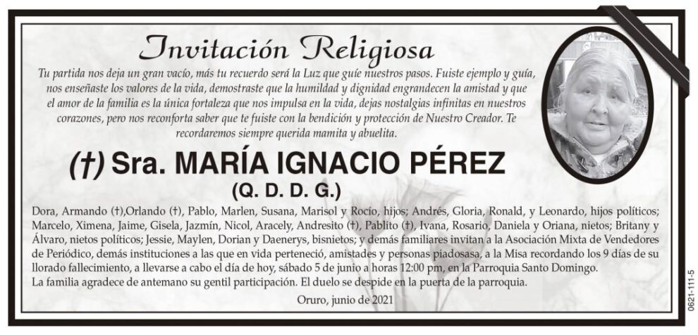 Obituario de la Sra. María Ignacio Pérez