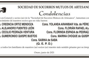 Condolencias por fallecimiento de socios de la Sociedad de Socorros Mutuos de Artesanos