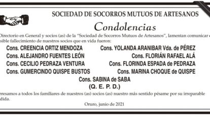 Condolencias por fallecimiento de socios de la Sociedad de Socorros Mutuos de Artesanos