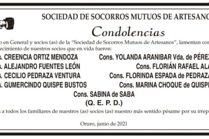 Condolencias por fallecimiento de socios de la Sociedad de Socorros Mutuos de Artesanos
