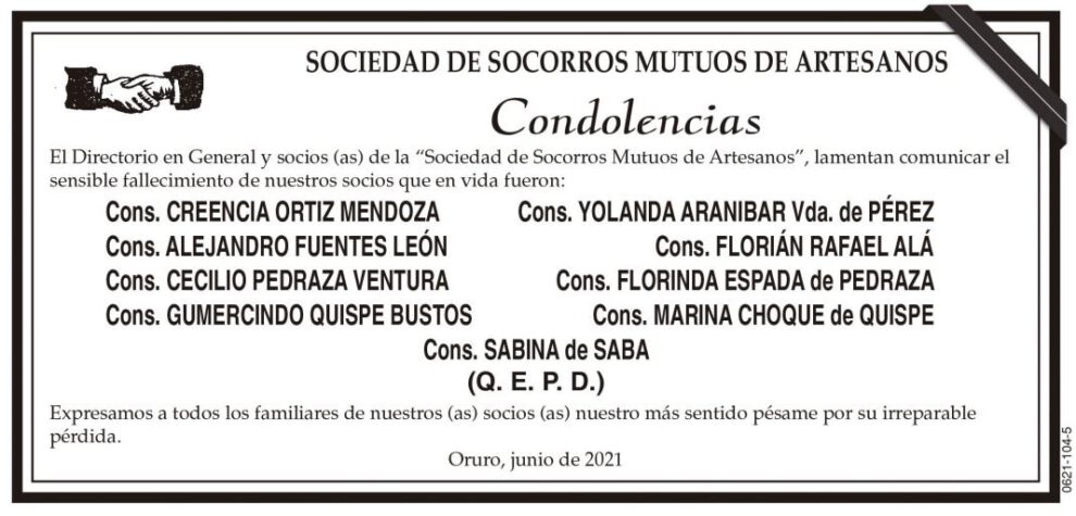 Condolencias por fallecimiento de socios de la Sociedad de Socorros Mutuos de Artesanos