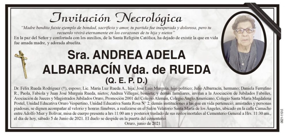 Invitación Necrológica de Andrea Adela Albarracín