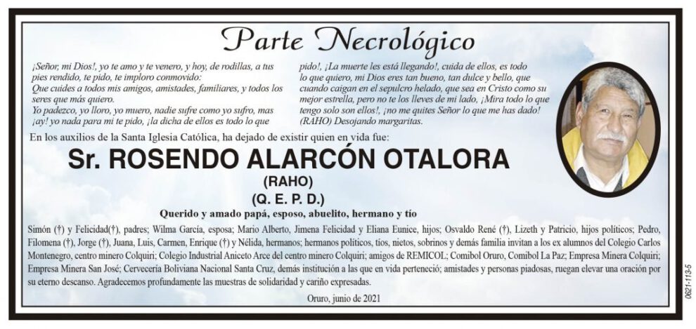 Necrológico de Rosendo Alarcón Otalora