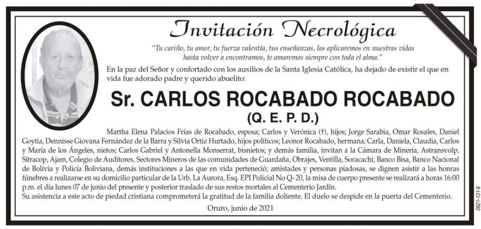 Invitación Necrológica: Carlos Rocabado Rocabado