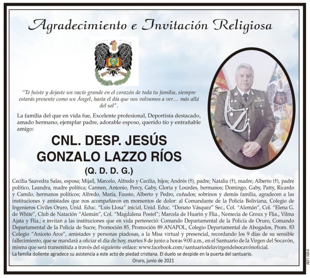 Agradecimiento e Invitación Religiosa por CNL. DESP. JESÚS GONZALO LAZZO RÍOS