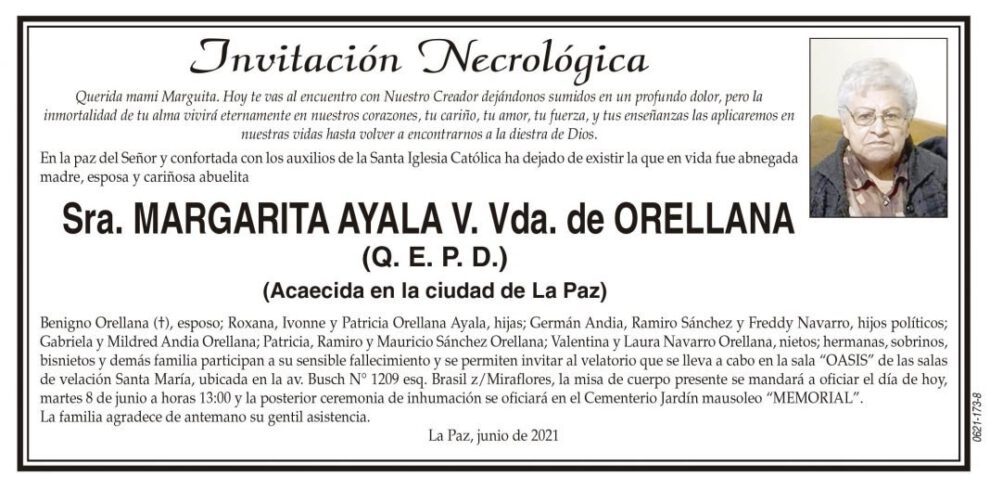 Invitación Necrológica de Margarita Ayala V. Vda. de Orellana