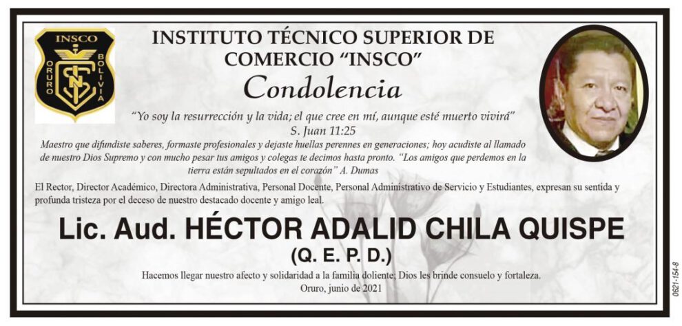 Condolencia por el fallecimiento del Lic. Aud. Héctor Adalid Chila Quispe