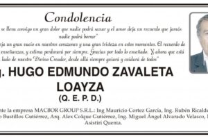 Condolencia por la muerte de Ing. Hugo Edmundo Zavaleta Loayza