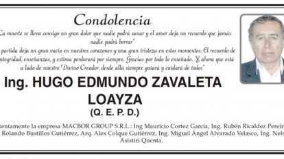 Condolencia por la muerte de Ing. Hugo Edmundo Zavaleta Loayza