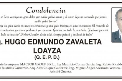 Condolencia por la muerte de Ing. Hugo Edmundo Zavaleta Loayza