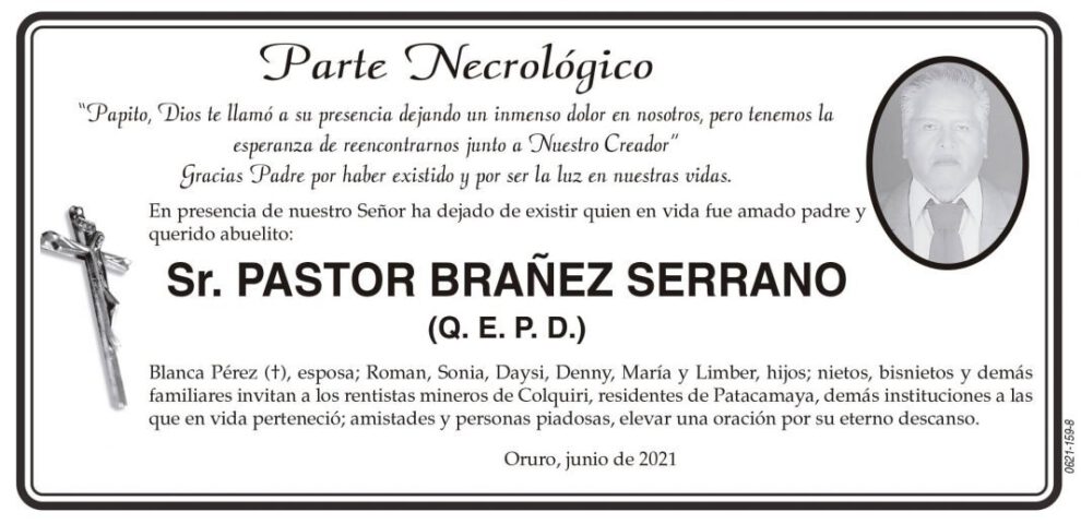 Parte Necrológico de Pastor Brañez Serrano