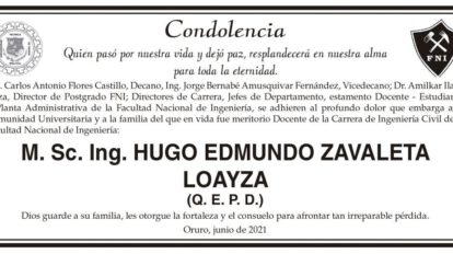 Condolencia por la pérdida de Hugo Edmundo Zavaleta Loayza