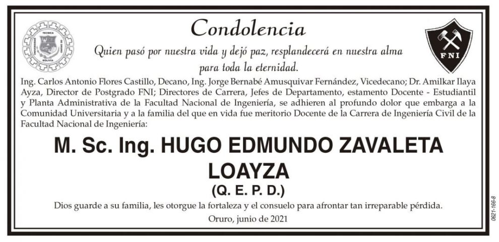 Condolencia por la pérdida de Hugo Edmundo Zavaleta Loayza