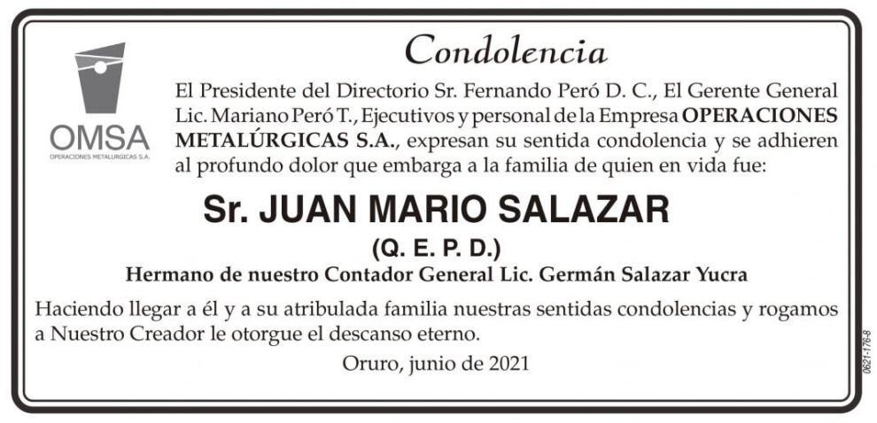 Condolencia por Juan Mario Salazar