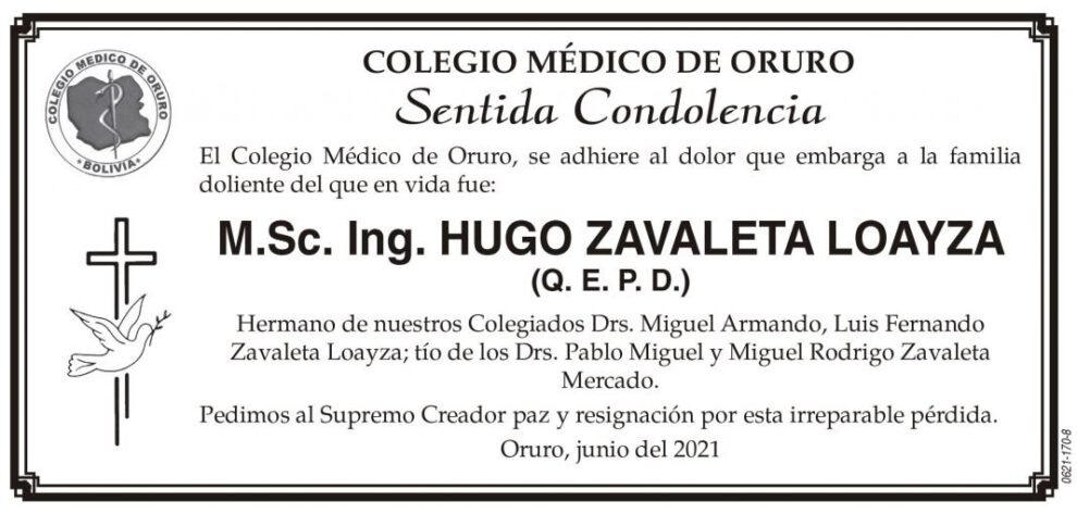 Sentida Condolencia por Hugo Zavaleta Loayza