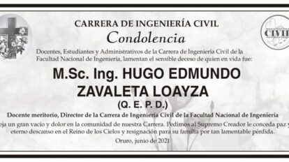 Condolencia por el fallecimiento de Hugo Edmundo Zavaleta Loayza