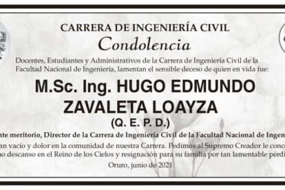Condolencia por el fallecimiento de Hugo Edmundo Zavaleta Loayza