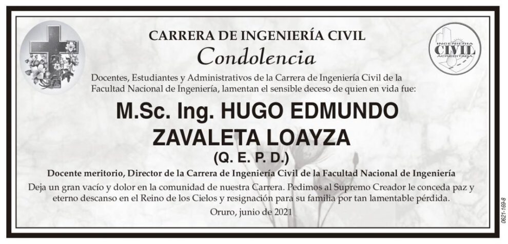 Condolencia por el fallecimiento de Hugo Edmundo Zavaleta Loayza