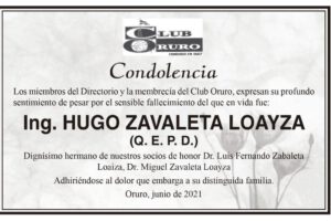 Condolencia por el fallecimiento de Ing. Hugo Zavaleta Loayza